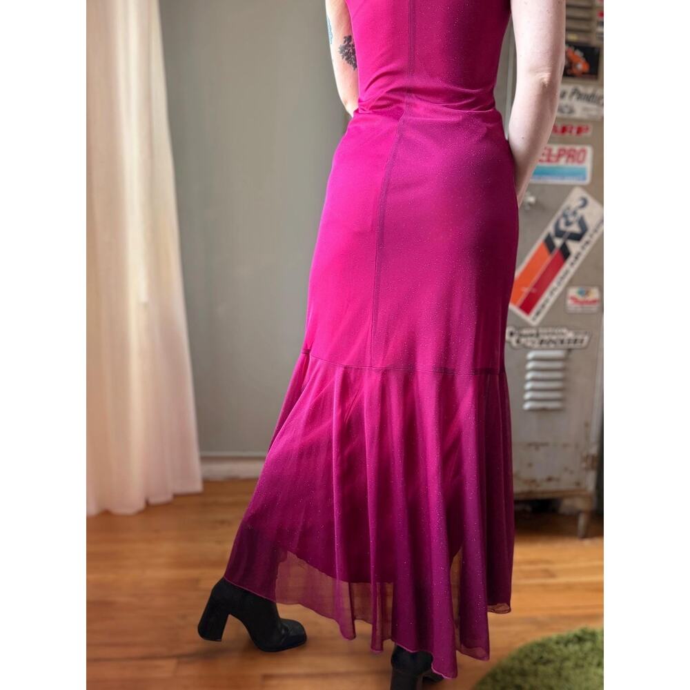 Vintage Y2K Magenta Mermaid Prom Dress | Pink Glitter Gown | Mesh Ruffle | XS - Picture 6 of 11